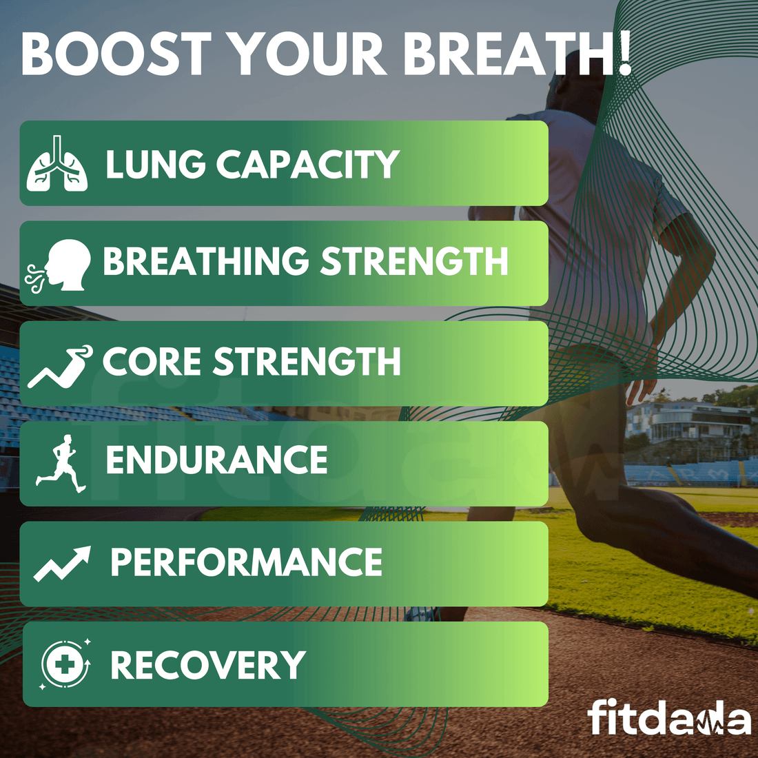 Infographic highlighting benefits of the FitDaDa Breathing Trainer, including lung capacity, endurance, and performance improvement.