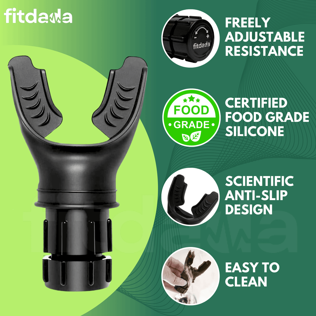 FitDaDa Breathing Trainer features infographic showcasing adjustable resistance, food-grade silicone, and easy-to-clean design.