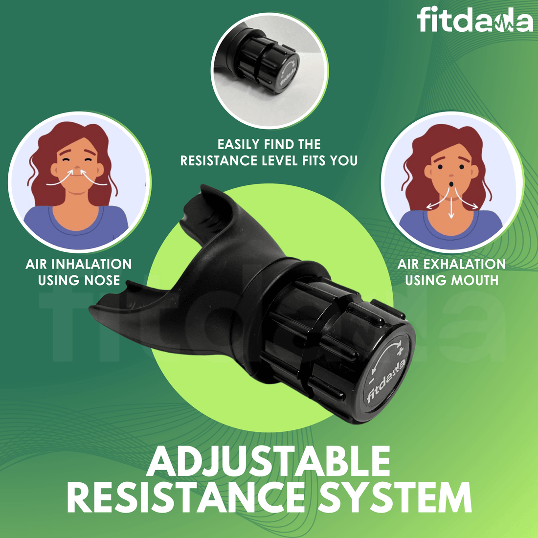 Diagram illustrating how to use the FitDaDa Breathing Trainer with adjustable resistance for inhalation and exhalation exercises.