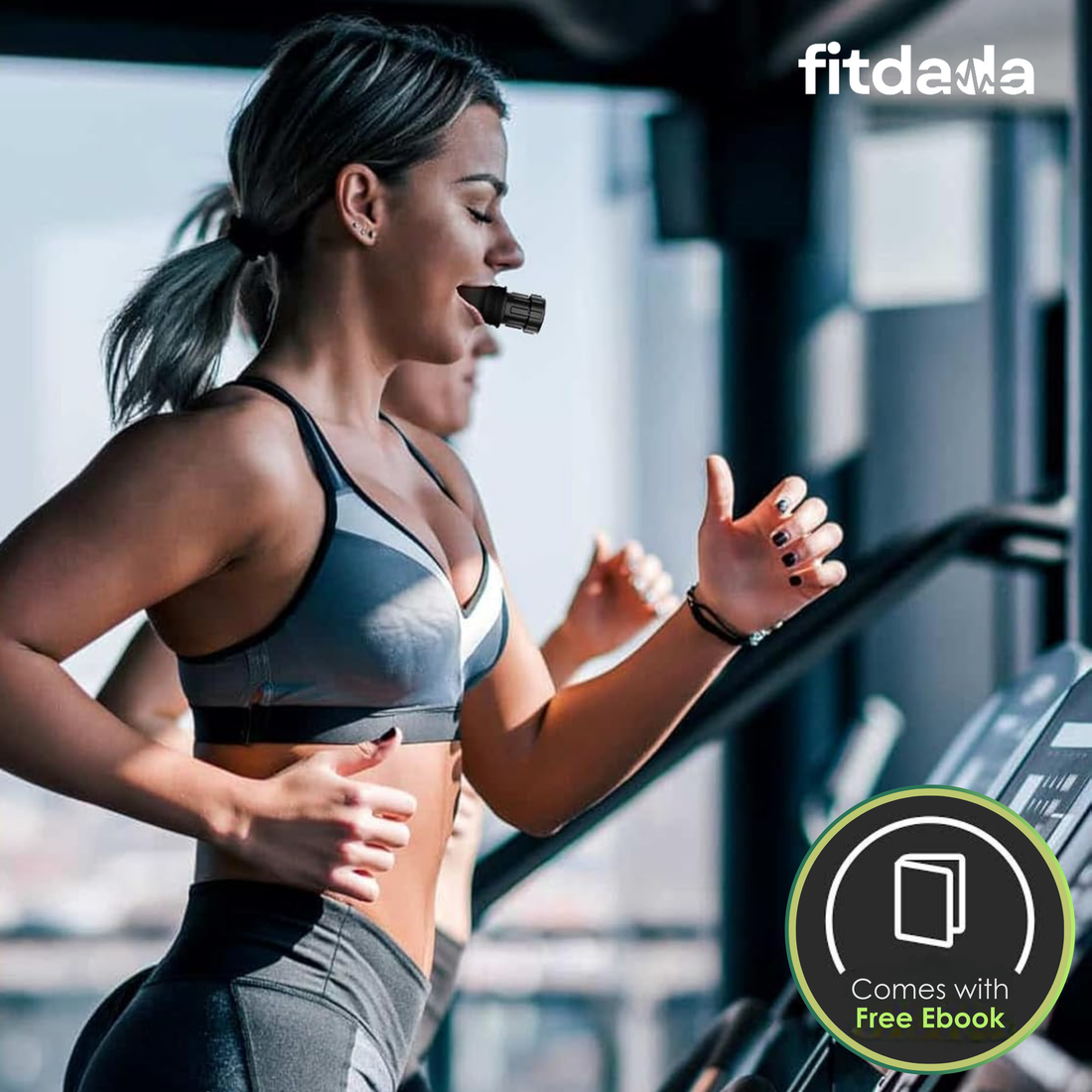 Athletic woman using the FitDaDa Breathing Exercise Trainer while running on a treadmill for improved lung capacity.