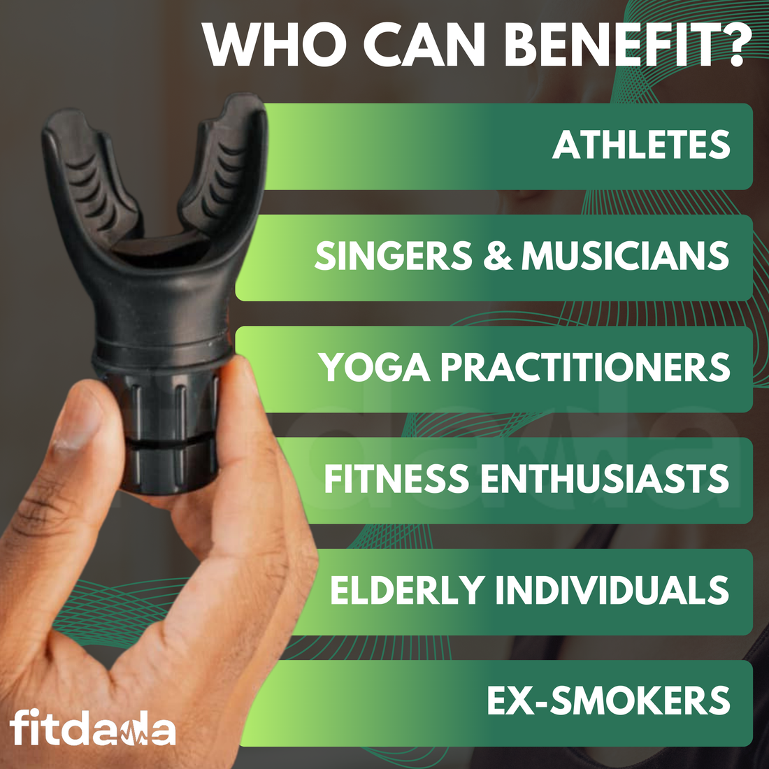 Infographic showing the FitDaDa Breathing Trainer benefits for athletes, singers, yoga practitioners, and fitness enthusiasts.